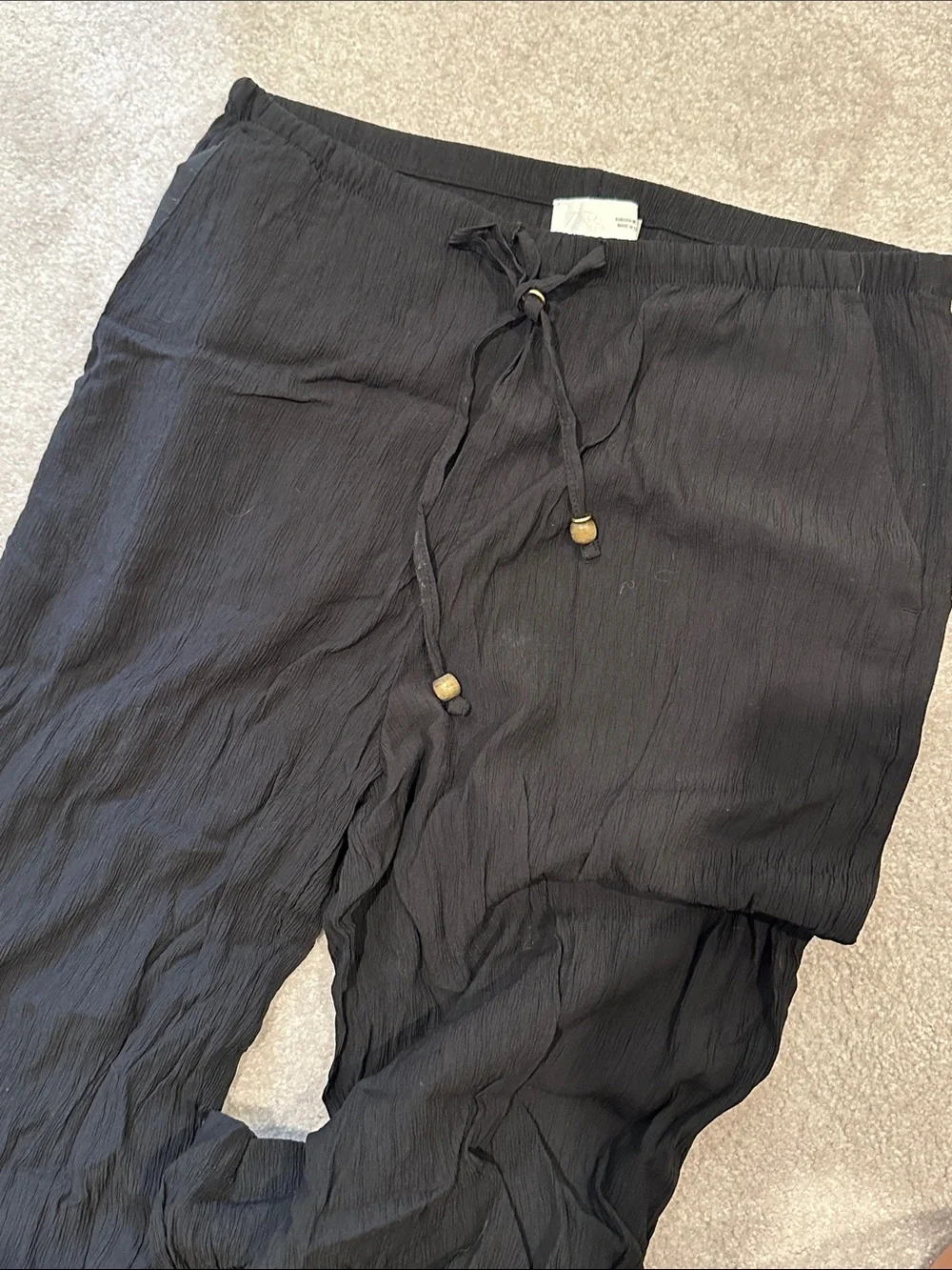 Zara Black Linen Textured Drawstring Straight-Leg Pants